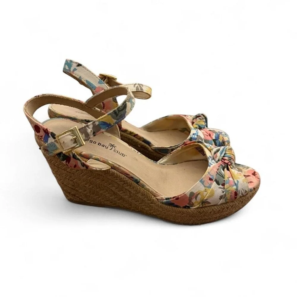 Montego Bay Club Floral Canvas Espadrille Wedge Sandals Multicolor Knotted Toe 8